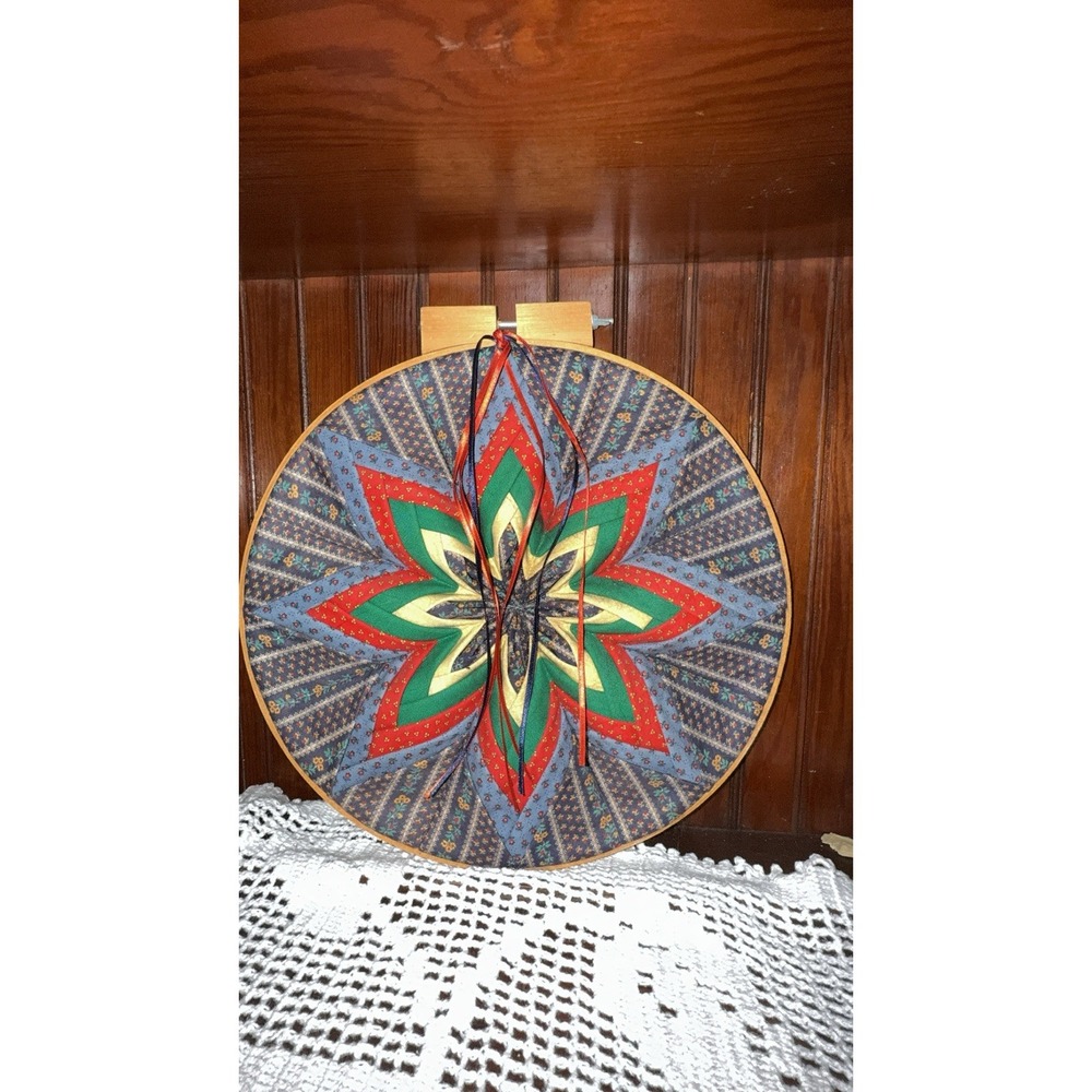 Handmade Folded Fabric Quilt Starburst Wall Hanging Embroidery Hoop 12 In